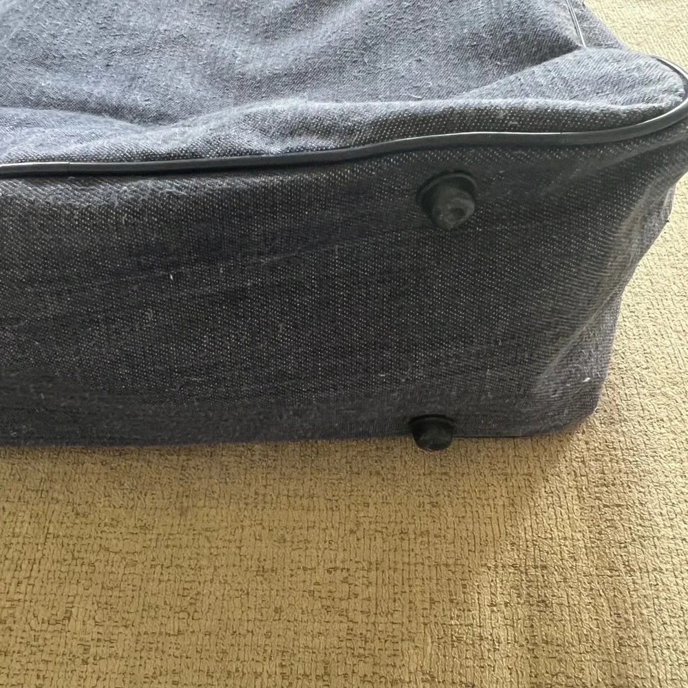 Vintage Denim Duffle Bag Blue with Yellow Red Navy Racing Stripes Travel Tote